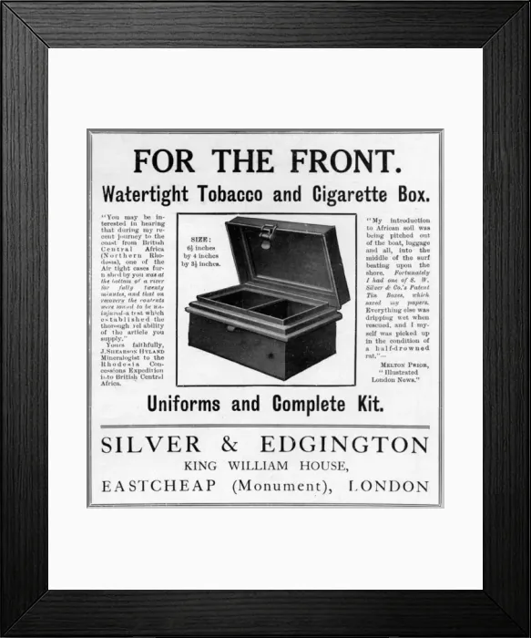 Framed Print : Watertight tobacco & cigarette box for the front, WW1 Framed Print : Watertight tobacco & cigarette box for the front, WW1