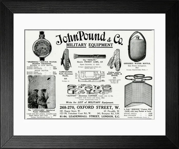 Framed Print : Advert for John Pound & Co military equipment 1915 Framed Print : Advert for John Pound & Co military equipment 1915