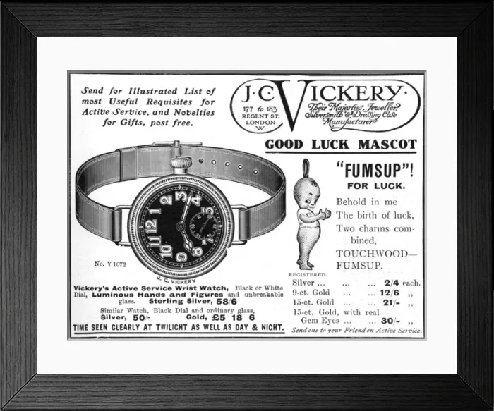 Framed Print : J. C. Vickery advertisement with Fums Up lucky mascot, WW1 Framed Print : J. C. Vickery advertisement with Fums Up lucky mascot, WW1