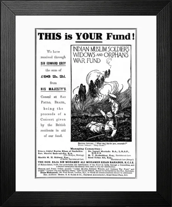 Framed Print : Indian Muslim Soldiers Widows & Orphans Fund, WW1