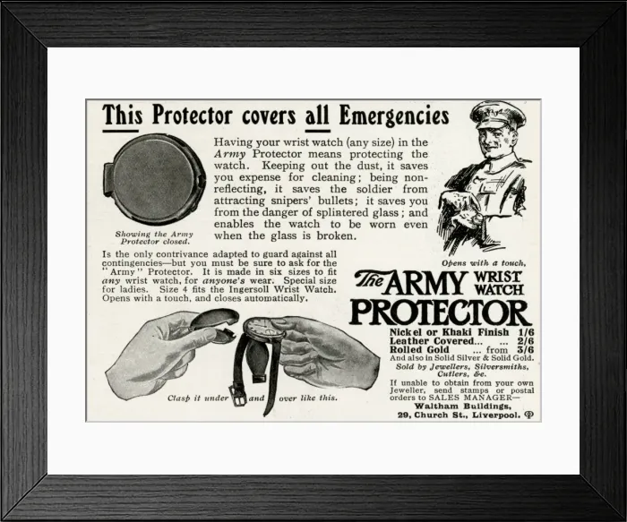 Framed Print : Advert for The Army wrist watch protector 1916 Framed Print : Advert for The Army wrist watch protector 1916