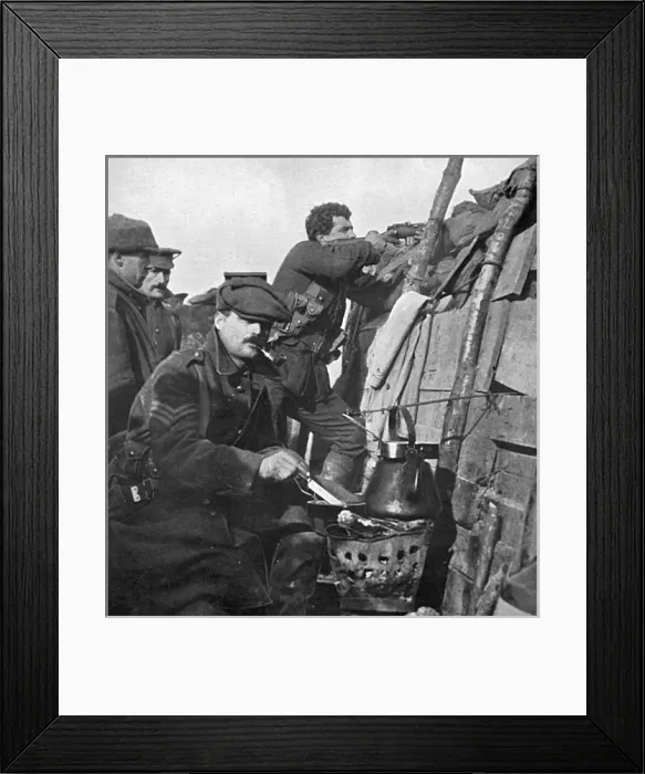 Framed Print : British soldier cooks dinner on a brazier in trench Framed Print : British soldier cooks dinner on a brazier in trench