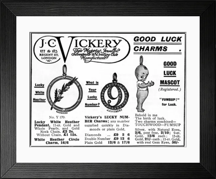 Framed Print : Good luck charms from J. C. Vickery, WW1 Framed Print : Good luck charms from J. C. Vickery, WW1