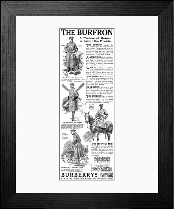 Framed Print : Burberry Burfron coat advertisement, WW1 Framed Print : Burberry Burfron coat advertisement, WW1