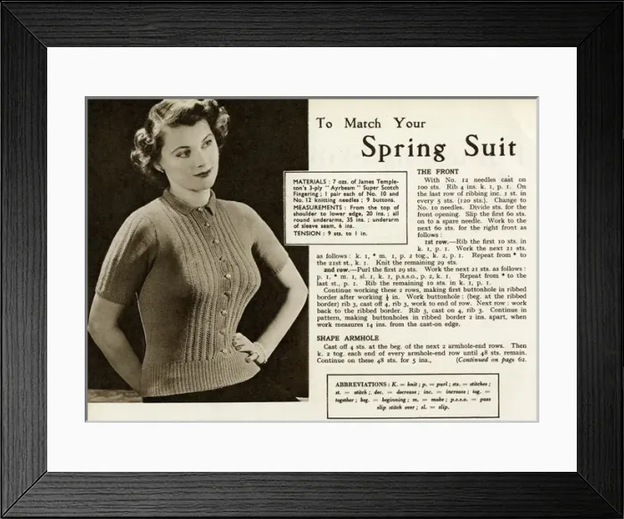 Framed Print : Knitting pattern 1949