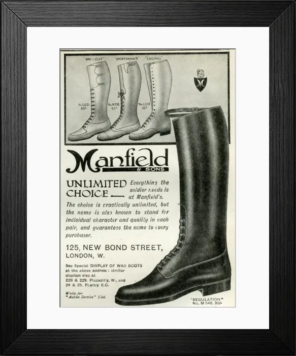 Framed Print : Advert for Manfield service boots 1916 Framed Print : Advert for Manfield service boots 1916