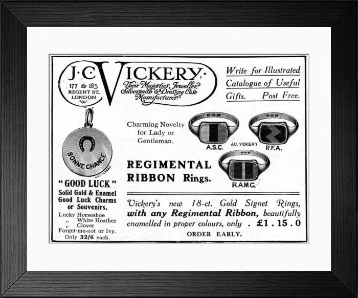 Framed Print : Good luck charm & regimental ribbon rings, WW1 Framed Print : Good luck charm & regimental ribbon rings, WW1