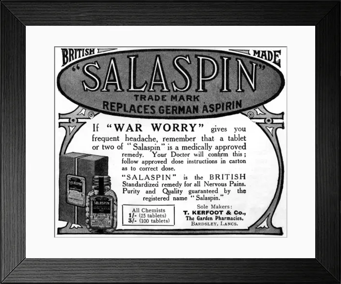 Framed Print : WW1 advertisement for Salaspin replacing German aspirin