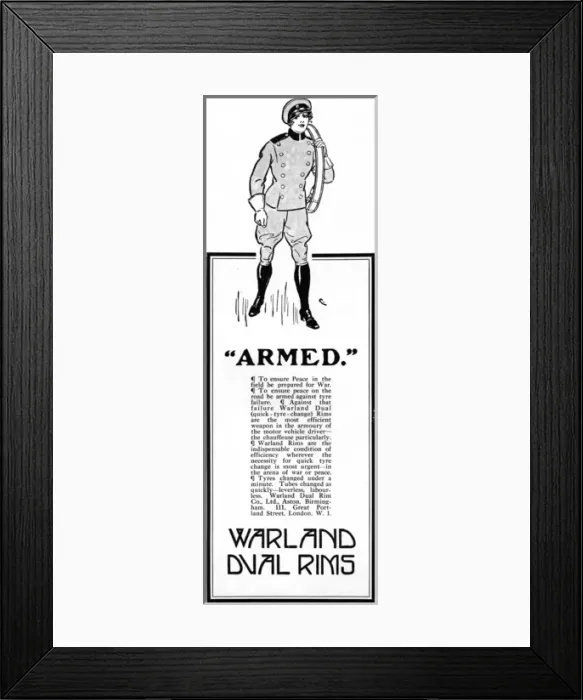 Framed Print : Warland dual rims advertisement with lady driver, WW1 Framed Print : Warland dual rims advertisement with lady driver, WW1