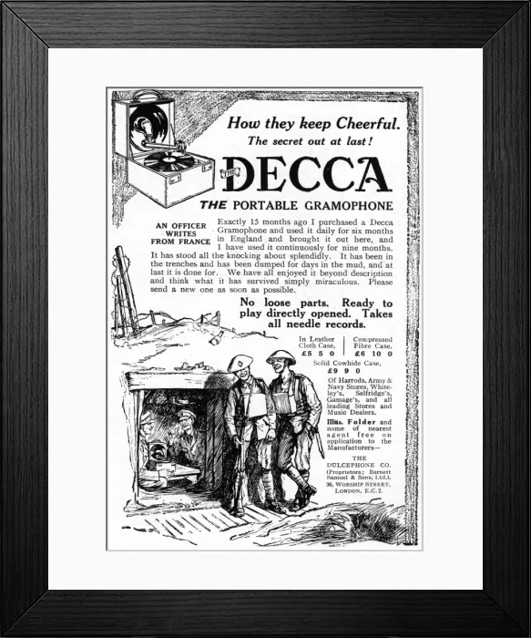 Framed Print : Decca gramophone advertisement, WW1 Framed Print : Decca gramophone advertisement, WW1