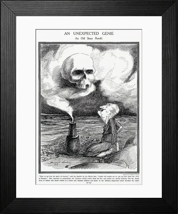 Framed Print : Kaiser Wilhelm II depicted in the role of Aladdin but instead of releasing a genie, he releases the spectre of death through his actions. Date: 1914 Framed Print : Kaiser Wilhelm II depicted in the role of Aladdin but instead of releasing a genie, he releases the spectre of death through his actions. Date: 1914