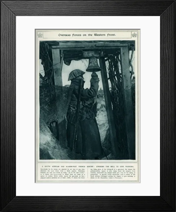 Framed Print : South African gas alarm post trench sentry, 1917