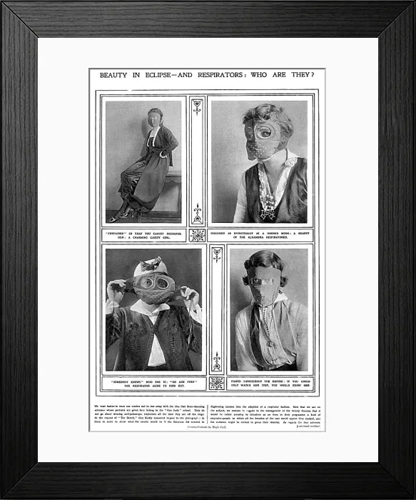 Framed Print : Actresses posing in gas masks, WW1 Framed Print : Actresses posing in gas masks, WW1