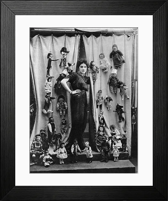 Framed Print : Mlle. Lyska Kostio and her collection of dolls Framed Print : Mlle. Lyska Kostio and her collection of dolls