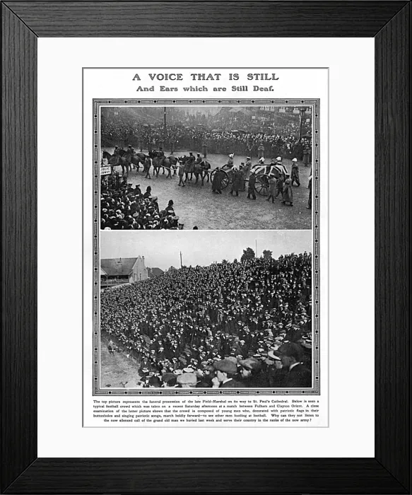 Framed Print : Lord Roberts funeral and football in war, WW1 Framed Print : Lord Roberts funeral and football in war, WW1