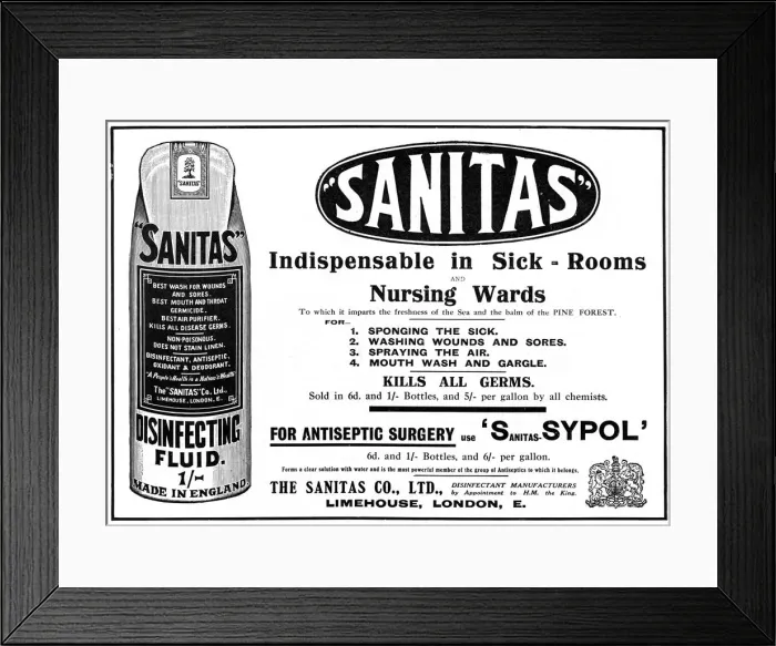 Framed Print : Sanitas disinfecting fluid advertisement, WW1 Framed Print : Sanitas disinfecting fluid advertisement, WW1