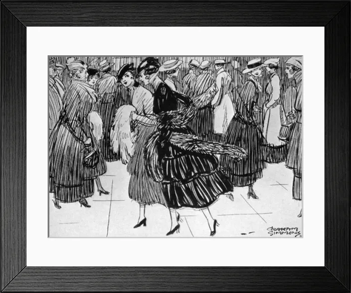 Framed Print : Fashionable ladies consider munitions work