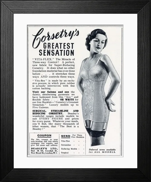 Framed Print : New fabric that stretches three ways Vita-Flex was made of an exclusive process in which pure rubber was interwoven with fine cotton backing. Date: 1939 Framed Print : New fabric that stretches three ways Vita-Flex was made of an exclusive process in which pure rubber was interwoven with fine cotton backing. Date: 1939
