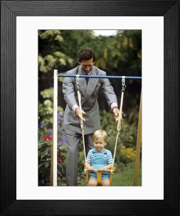 Framed Print : Young Prince william on a swing, pushed by Prince Charles Framed Print : Young Prince william on a swing, pushed by Prince Charles