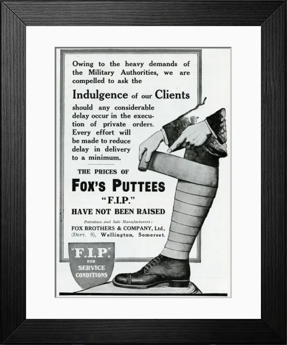 Framed Print : Advert for Foxs Puttees military authorities 1914 Framed Print : Advert for Foxs Puttees military authorities 1914