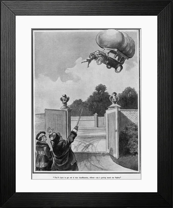 Framed Print : Gas powered car with lady chauffeur, WW1 cartoon