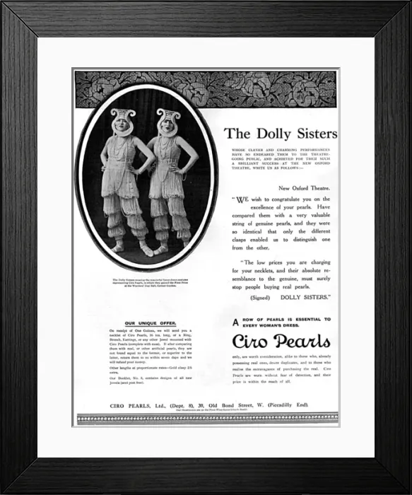 Framed Print : Ciro pearls advertisement with Dolly Sisters Framed Print : Ciro pearls advertisement with Dolly Sisters