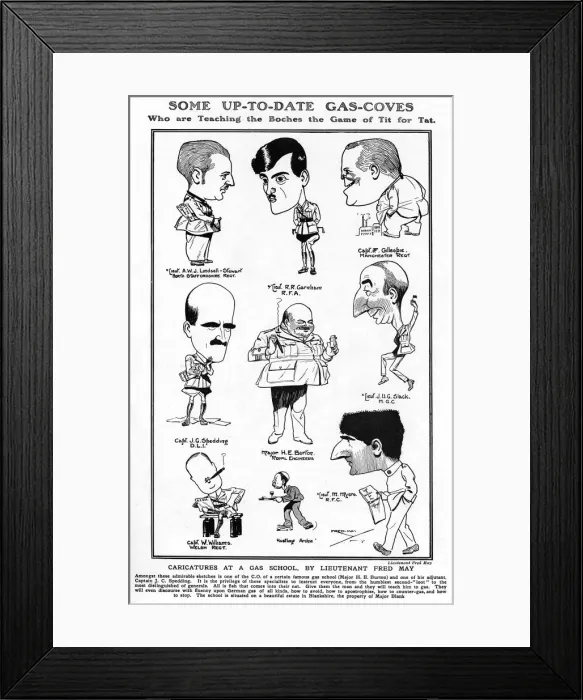 Framed Print : Caricatures at a gas school by Lieut. Fred May, WW1 Framed Print : Caricatures at a gas school by Lieut. Fred May, WW1