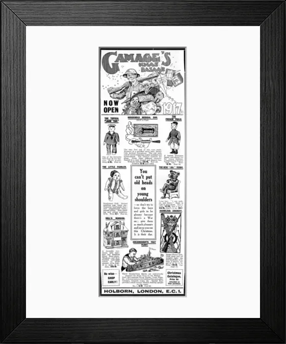 Framed Print : Gamages Xmas bazaar advertisement, WW1 Framed Print : Gamages Xmas bazaar advertisement, WW1