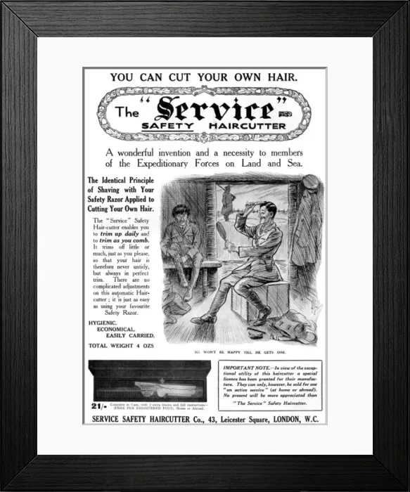 Framed Print : The Service Safety Haircutter, WW1 advertisement Framed Print : The Service Safety Haircutter, WW1 advertisement
