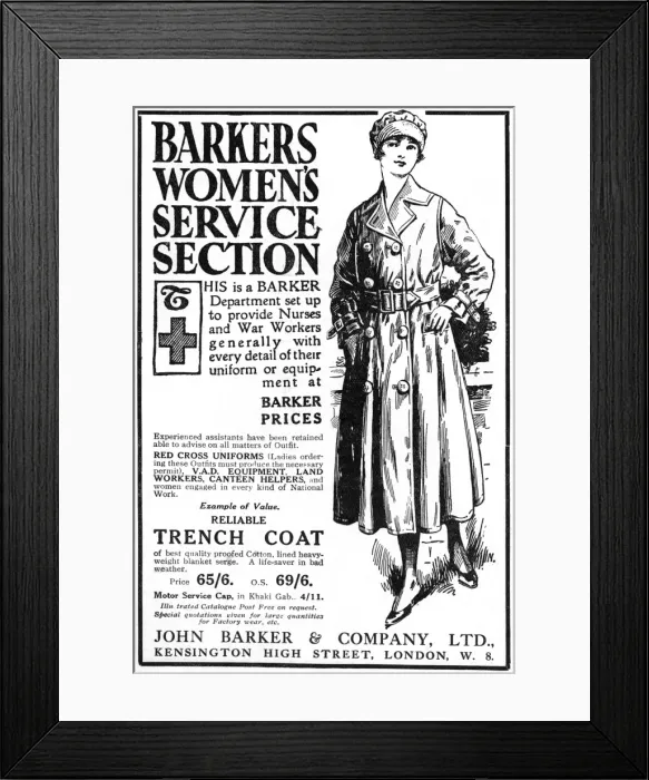 Framed Print : Barkers Womens trench coat, WW1 advertisement