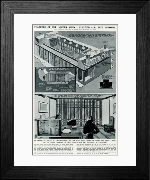 Framed Print : Queen Mary ocean liner: Purified air; safe deposits Framed Print : Queen Mary ocean liner: Purified air; safe deposits