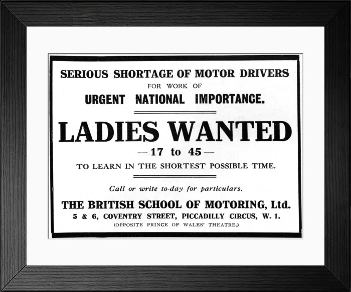 Framed Print : Ladies Wanted as drivers, WW1 advertisement Framed Print : Ladies Wanted as drivers, WW1 advertisement