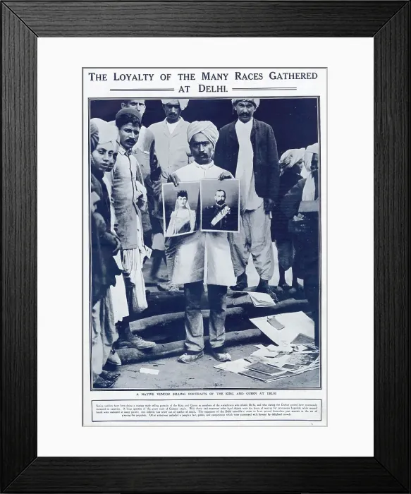 Framed Print : Loyalty of the proclaimed Emperor and Empress of India, King George V and Queen Mary. Many races gathered at Delhi, selling large portraits during the coronation in India. Date: 1911 Framed Print : Loyalty of the proclaimed Emperor and Empress of India, King George V and Queen Mary. Many races gathered at Delhi, selling large portraits during the coronation in India. Date: 1911