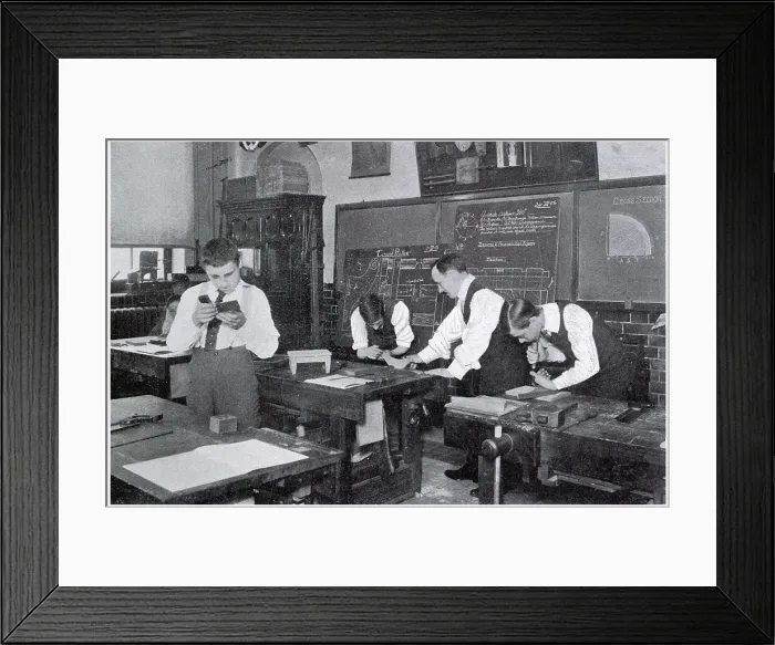 Framed Print : Woodwork classroom for boys who continued their education at Acland County Council School, Kentish Town, London. Date: 1906 Framed Print : Woodwork classroom for boys who continued their education at Acland County Council School, Kentish Town, London. Date: 1906