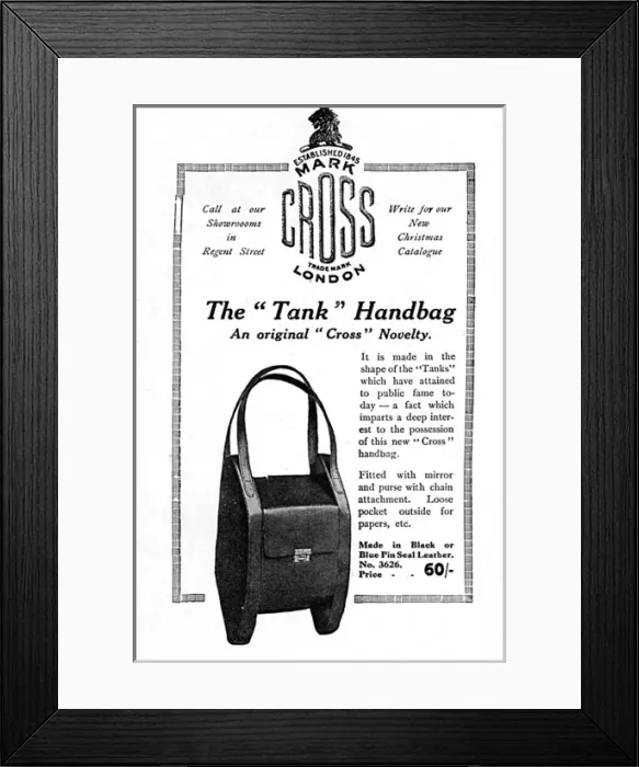 Framed Print : Tank handbag advertisement, WW1 Framed Print : Tank handbag advertisement, WW1