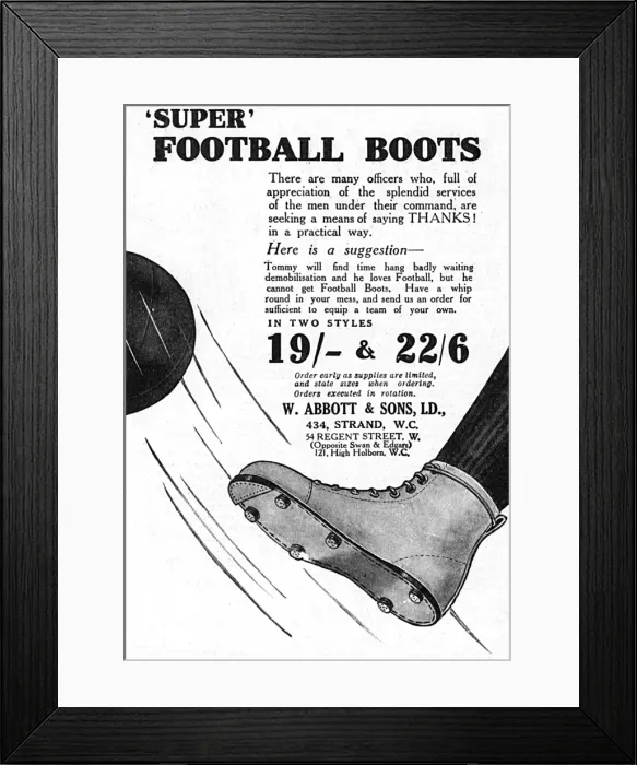 Framed Print : Football boots advertisement, end of WW1 Framed Print : Football boots advertisement, end of WW1
