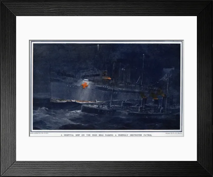 Framed Print : Hospital ship passing destroyer patrol, WWI