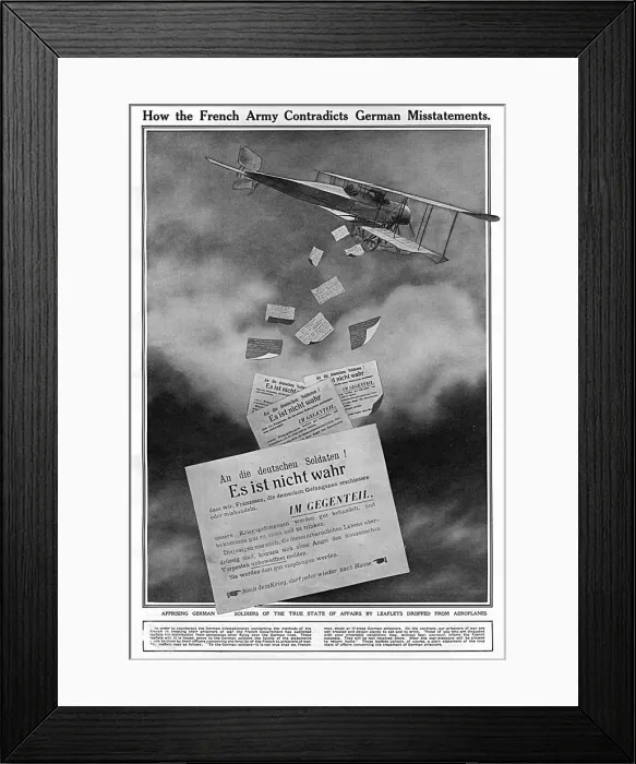 Framed Print : French biplane dropping propaganda leaflets, WWI Framed Print : French biplane dropping propaganda leaflets, WWI