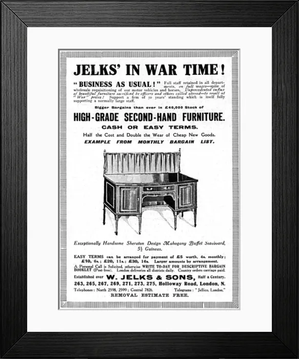 Framed Print : Jelks in wartime, second hand furniture merchant, WW1 Framed Print : Jelks in wartime, second hand furniture merchant, WW1