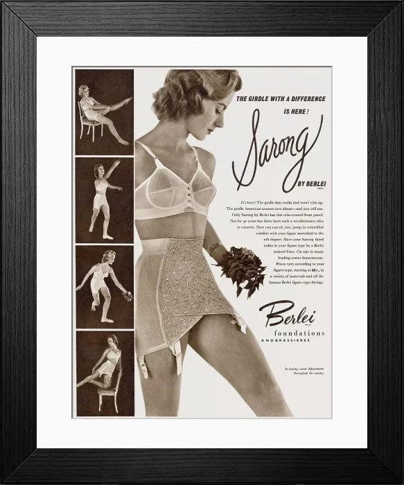 Framed Print : Advertisement for women's criss-crossed front panel bra and girdle. Date: 1954 Framed Print : Advertisement for women's criss-crossed front panel bra and girdle. Date: 1954