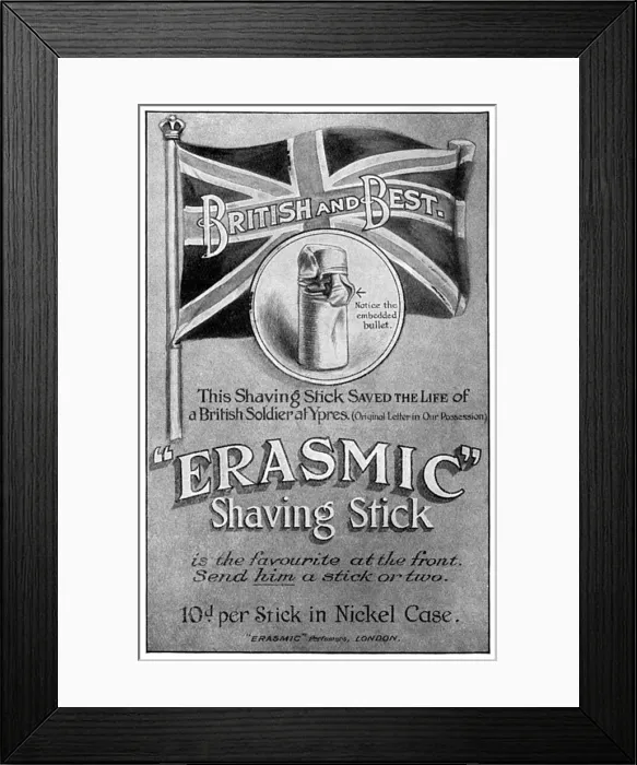 Framed Print : Erasmic shaving stick advertisement, WW1 Framed Print : Erasmic shaving stick advertisement, WW1
