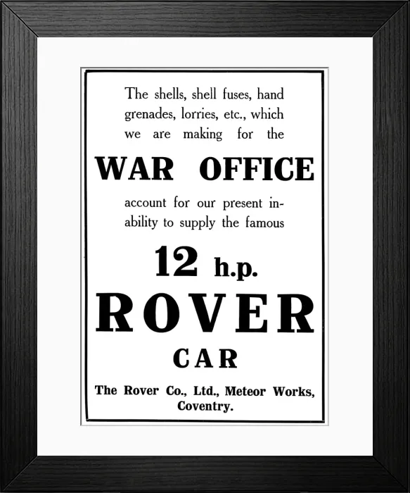 Framed Print : WW1 advertisement, Rover Company making munitions Framed Print : WW1 advertisement, Rover Company making munitions
