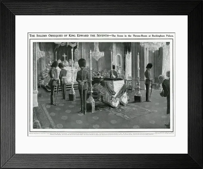 Framed Print : Edward VII, who passed away on 6 May 1910, at the age of 69. The King's body lay-in-state in the Throne Room at Buckingham Palace, London, guarded by Ist Grenadier Guards. Date: 1910 Framed Print : Edward VII, who passed away on 6 May 1910, at the age of 69. The King's body lay-in-state in the Throne Room at Buckingham Palace, London, guarded by Ist Grenadier Guards. Date: 1910
