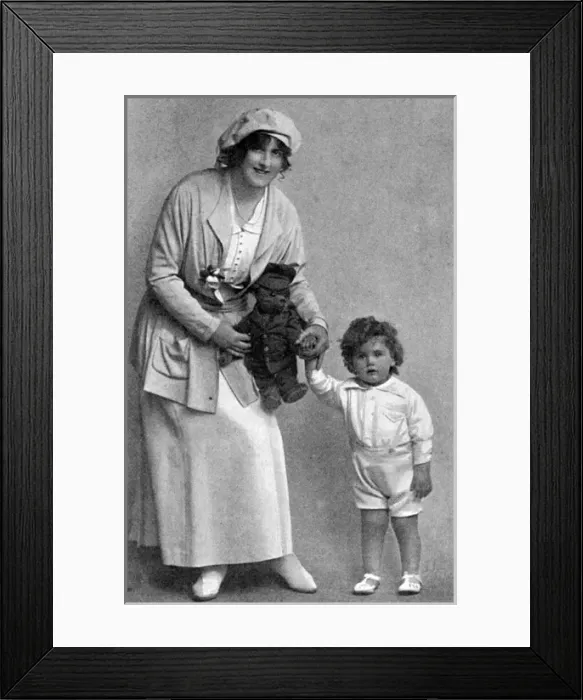 Framed Print : Miss Dorothy Ward & son with teddy in khaki Framed Print : Miss Dorothy Ward & son with teddy in khaki