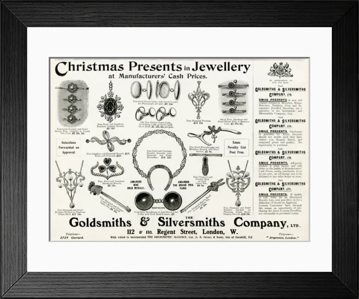 Framed Print : Advert for Goldsmiths & Silversmiths jewellery 1905 Framed Print : Advert for Goldsmiths & Silversmiths jewellery 1905