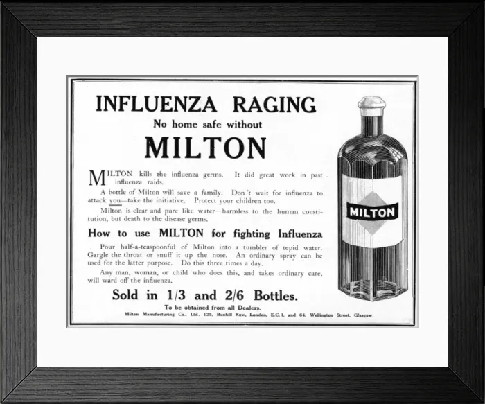 Framed Print : Milton influenza advertisement, 1919 Framed Print : Milton influenza advertisement, 1919