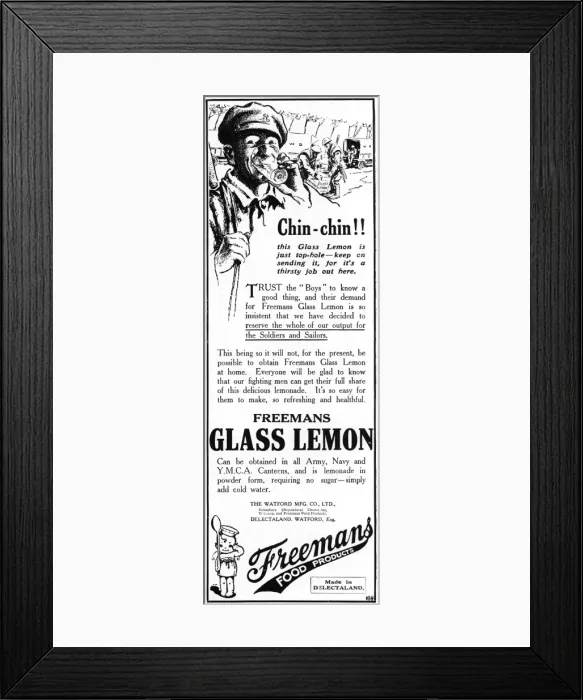 Framed Print : Freemans Glass Lemon drink advertisement, WW1