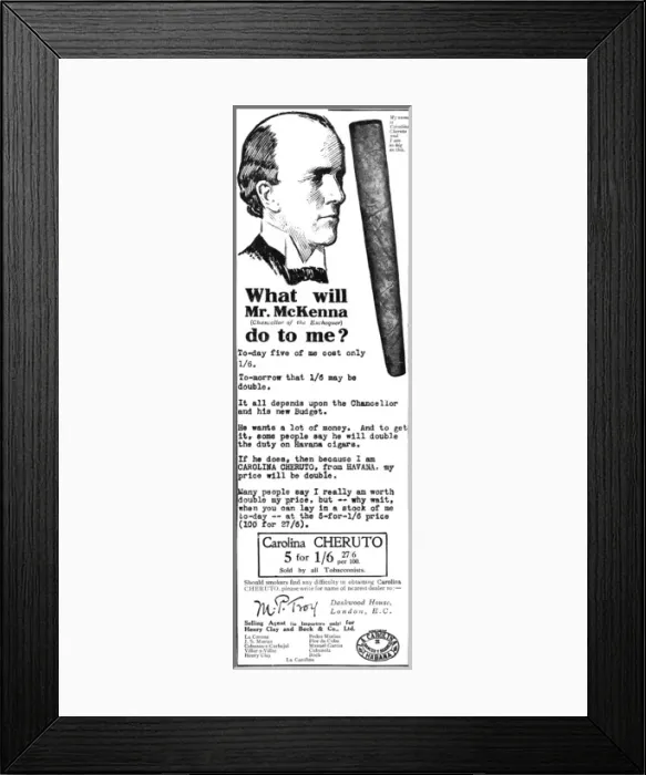 Framed Print : Carolina Cheruto cigar advertisement, Reginald McKenna taxes