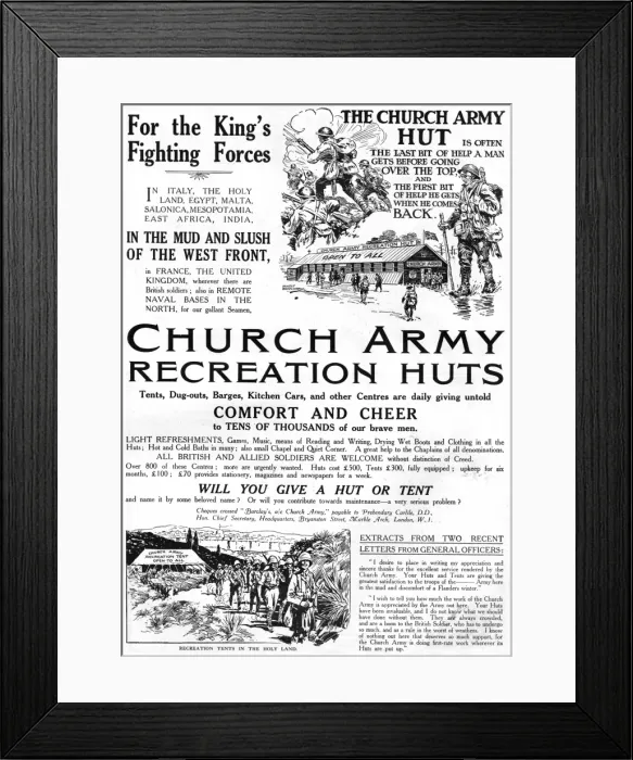 Framed Print : Church Army Recreation Huts advertisement, 1918 Framed Print : Church Army Recreation Huts advertisement, 1918