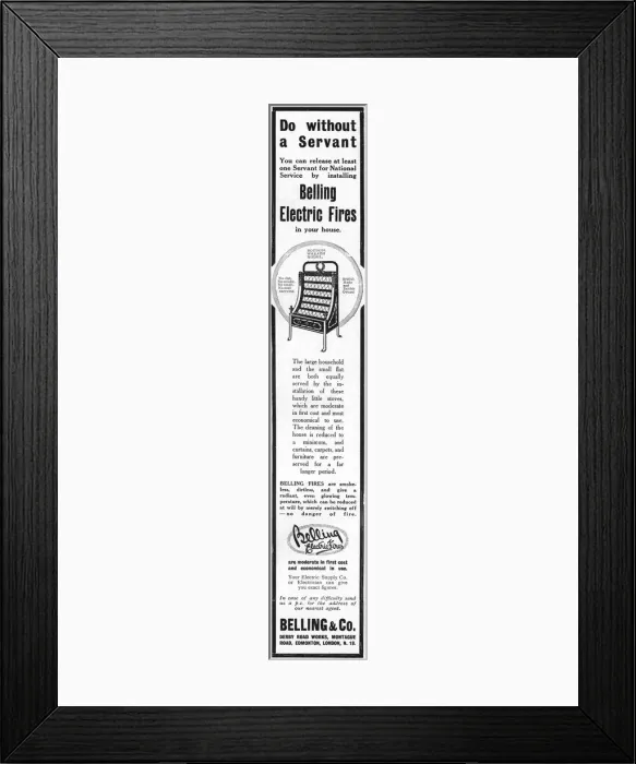 Framed Print : Belling electric fires advertisement, WW1 Framed Print : Belling electric fires advertisement, WW1